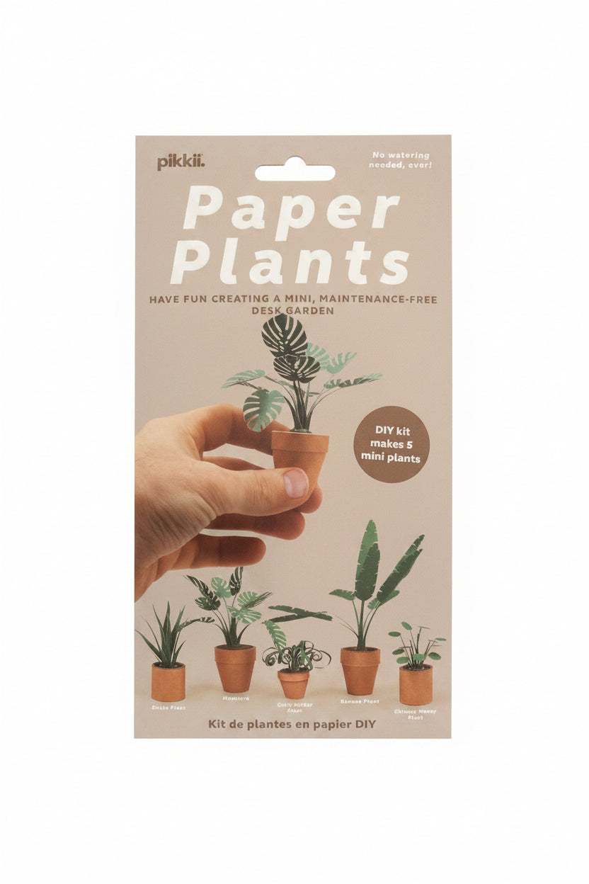 Pikkii paper plants packaging with a hand holding a plant, on a light gray background