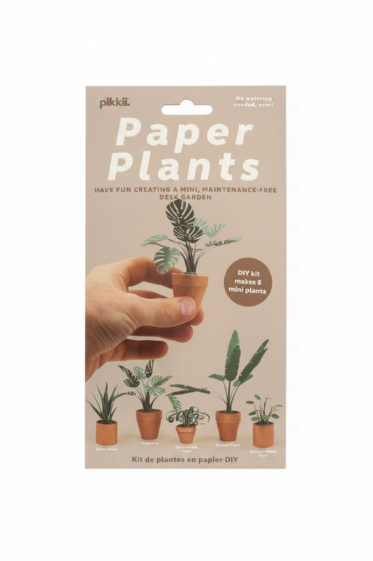 Pikkii paper plants packaging with a hand holding a plant, on a light gray background