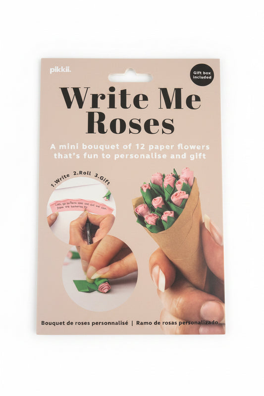 Product packaging for 'Write Me Roses' with images of hands and flowers on a light background.