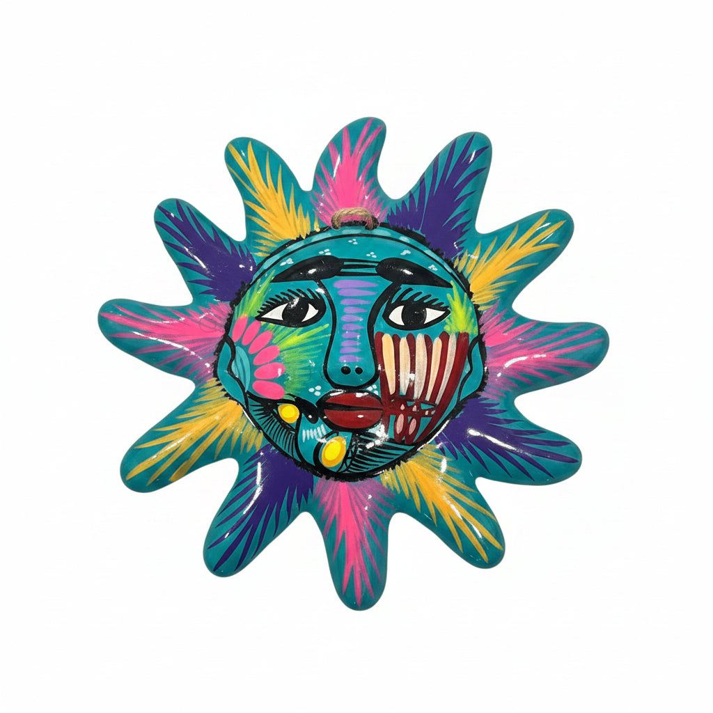 Colorful sun-shaped decorative item with a face design on a white background