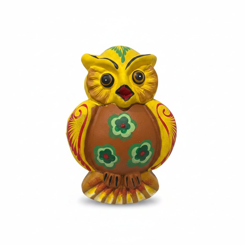 Hand painted yellow and brown Mexican owl ornament